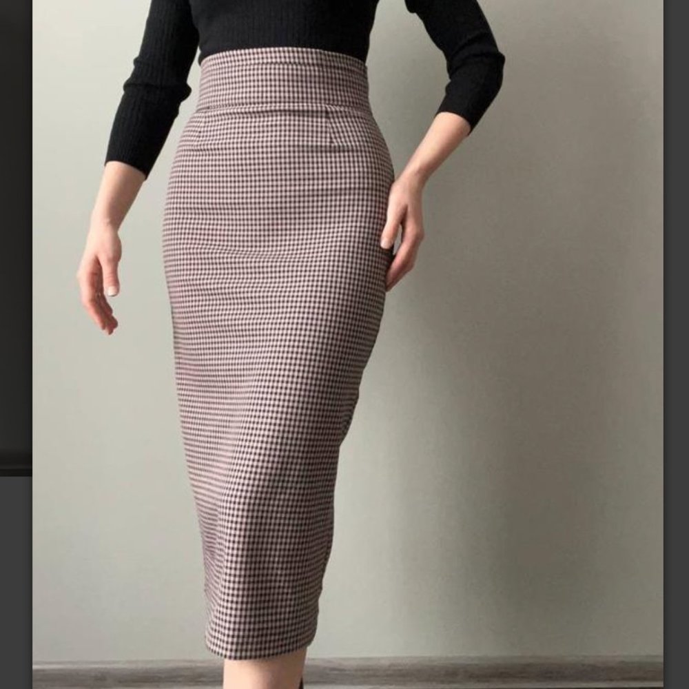 ZARA GINGHAM PLAID STRETCH EXPOSED ZIPPER PENCIL MIDI MAXI SKIRT